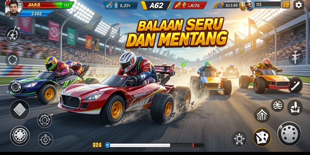 Screenshot utama AA62 menampilkan aksi balapan intens.