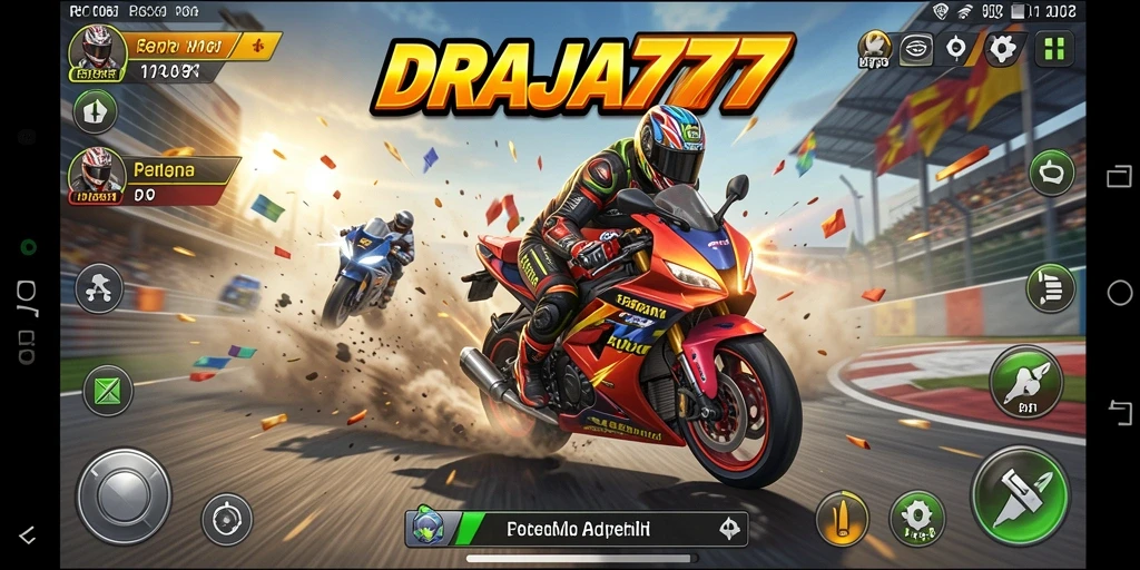 Screenshot DRAJA777 menampilkan momen seru balapan motor.