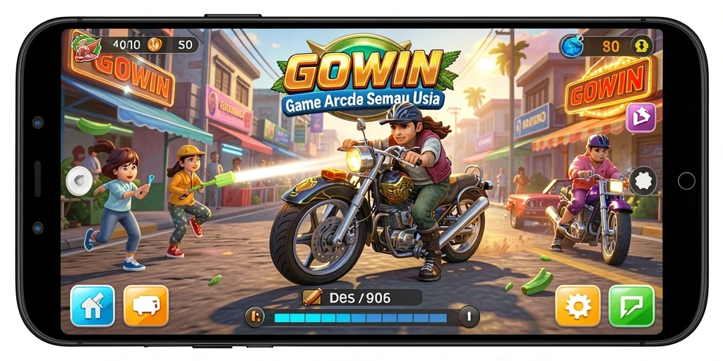 Tampilan gameplay GOWIN yang penuh aksi dan warna-warni.