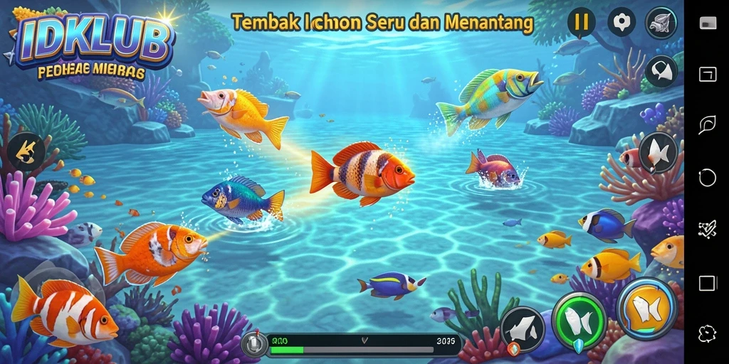 Tampilan gameplay seru dalam IDKLUB, menangkap ikan terbesar.