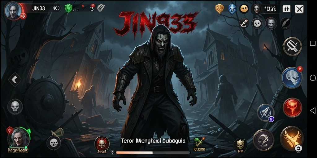 Screenshot gameplay <strong>JIN33</strong> menampilkan suasana kegelapan yang menegangkan.