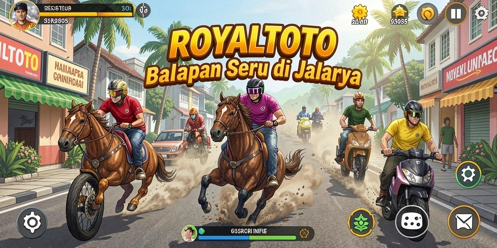 Tampilan gameplay ROYALTOTO saat balapan di jalanan yang ramai.
